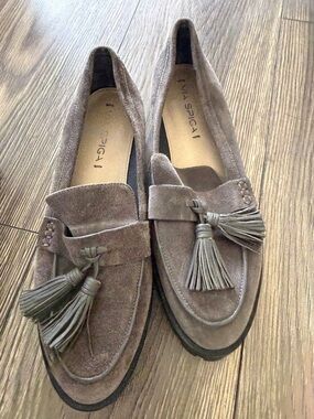 Via Spiga  Taupe Suede Tassel Loafers